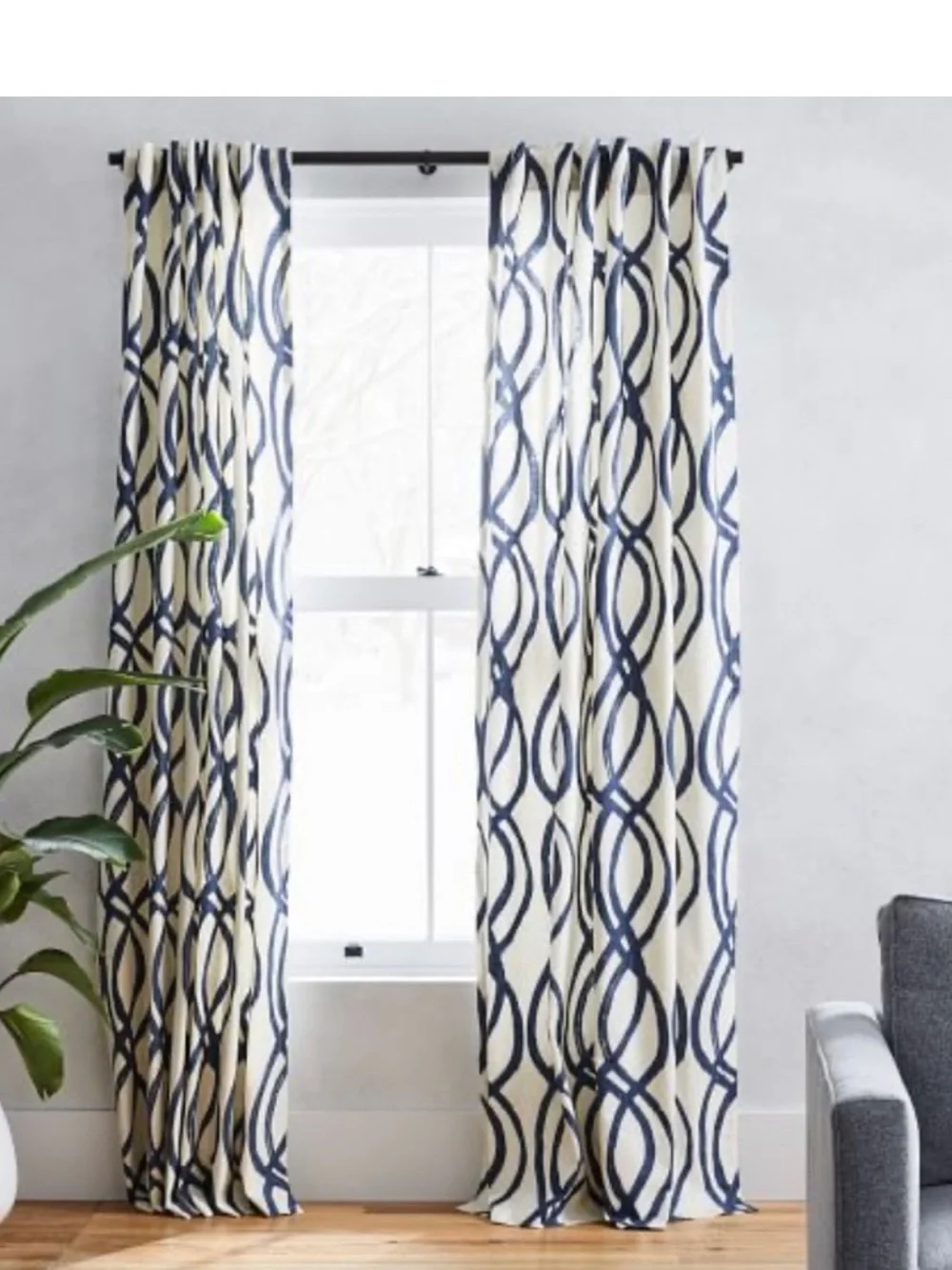 West Elm 2 Panel Curtain Cotton Canvas Scribble Lattice SZ 48” X  84” Blue/Cream